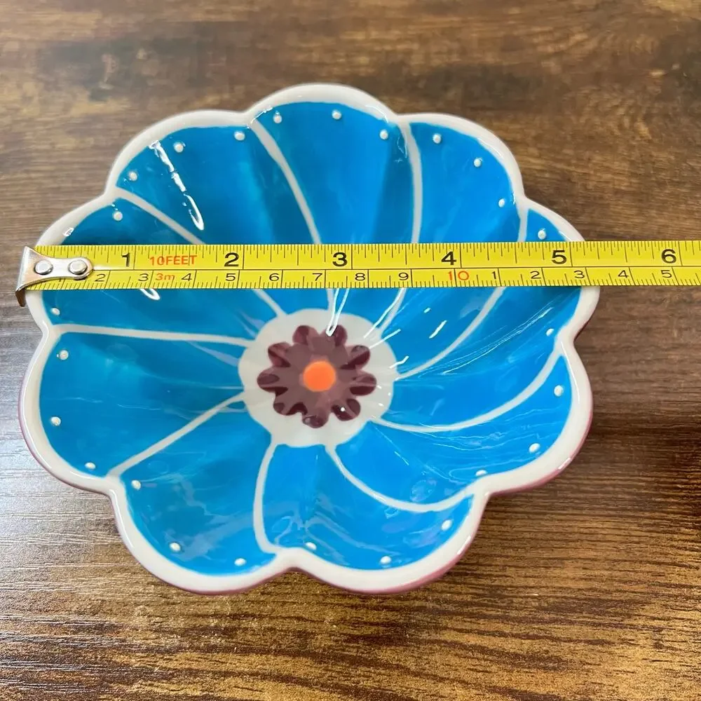 Anthropologie 1 CUP Measuring Cup Bowl Flower Ceramic Blue Kitchenware Boho New